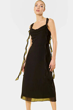 Astarlı Şifon Elbise A Kesim Midi Boy Büzgülü Kol Konforlu Seçkin Malzeme