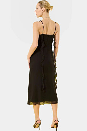 Astarlı Şifon Elbise A Kesim Midi Boy Büzgülü Kol Konforlu Seçkin Malzeme