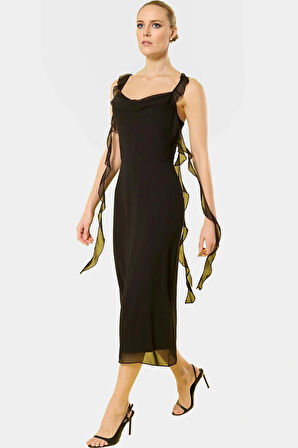 Astarlı Şifon Elbise A Kesim Midi Boy Büzgülü Kol Konforlu Seçkin Malzeme