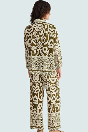 Viskoz Dokuma Takım Elbise Yüksek Bel Geniş Paça Şal Desen Premium Kalite Uzun Ömürlü