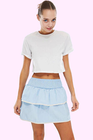 Kadın Mini Etek Terrycotton Kumaş Ekose Desenli Fırfırlı Şık Günlük Kullanım Modern Tasarım