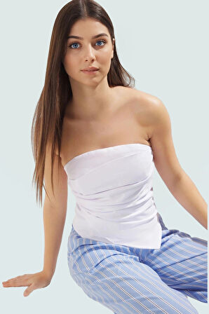 Şık Straplez Bluz Poplin Kumaş Fitted Kalıp Yazlık Özel Tasarım Rahat Ve