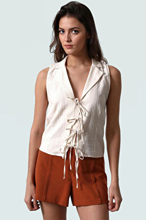 Önü Bağcıklı Dokuma Bluz Rahat Şık Yazlık Keten Görünümlü Pamuklu Günlük Kullanım İçin