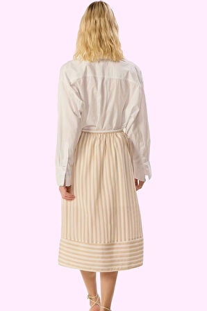 Kadın Yazlık Casual Midi Etek A line Kesim Shally Dokuma Çizgili Yaz Aylarının Vazgeçilmezi