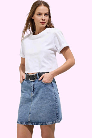 Kadın A line Taş Detaylı Denim Mini Etek Pamuk Yazlık Günlük Kullanım Yaz Aylarının Vazgeçilmezi