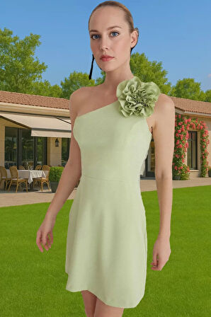 Asimetrik Yaka Mini Elbise Tek Omuzlu Gül Detaylı Yazlık Profesyonel Görünüm Profesyonel Görünüm