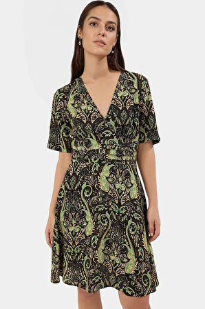 Şık Çiçekli Viskoz Mini Elbise Rahat A line Kalıp Yazlık Modern Stil Seçkin Malzeme