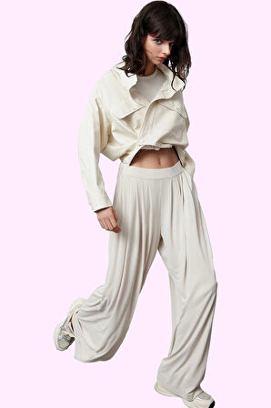 Kadın Örme Kumaş Normal Bel Geniş Paça Uzun Pantolon Rahat Kesim Günlük Yaz Aylarının Vazgeçilmezi