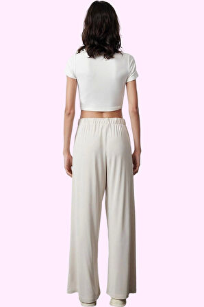 Kadın Örme Kumaş Normal Bel Geniş Paça Uzun Pantolon Rahat Kesim Günlük Yaz Aylarının Vazgeçilmezi