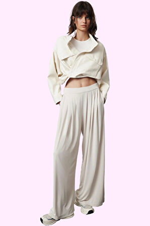 Kadın Örme Kumaş Normal Bel Geniş Paça Uzun Pantolon Rahat Kesim Günlük Yaz Aylarının Vazgeçilmezi