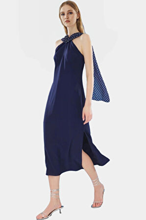 Yazlık A Kesim Maxi Elbise Halter Yaka Puantiyeli Şifon Polyester Kumaş Özenle Seçilmiş