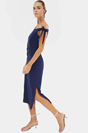 Asimetrik Yaka Kolsuz Midi Elbise Dokuma Mat Saten Polyester Yazlık Profesyonel Görünüm