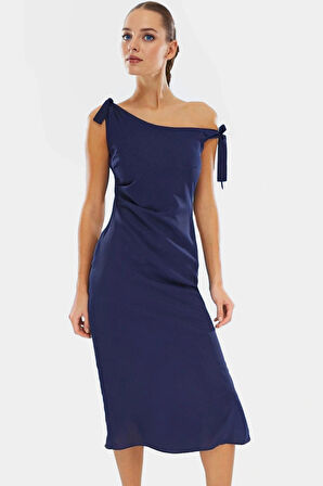 Asimetrik Yaka Kolsuz Midi Elbise Dokuma Mat Saten Polyester Yazlık Profesyonel Görünüm