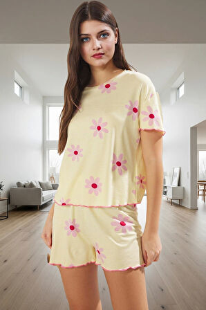 Viskoz Örme Pijama Takımı Çiçekli Desen Baby Overlok Regular Kalıp Yazlık Rahatlık Modern Stil