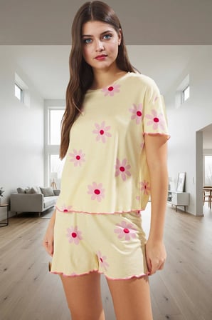 Viskoz Örme Pijama Takımı Çiçekli Desen Baby Overlok Regular Kalıp Yazlık Rahatlık Modern Stil