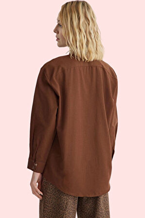 Kadın Dokuma Gömlek Uzun Kollu Yaka Regular Basic Oversize Günlük Yaz Aylarının Vazgeçilmezi