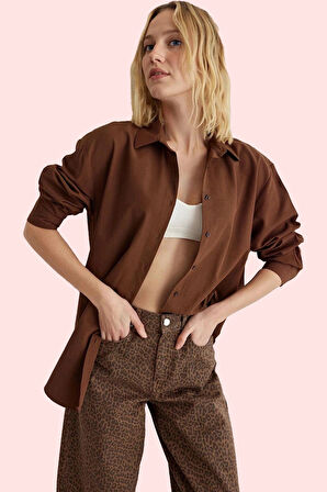 Kadın Dokuma Gömlek Uzun Kollu Yaka Regular Basic Oversize Günlük Yaz Aylarının Vazgeçilmezi