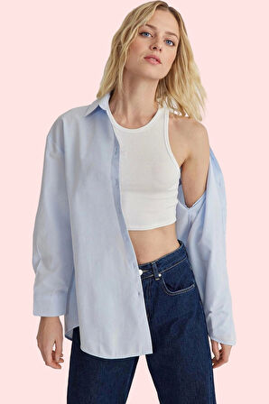 Kadın Dokuma Gömlek Uzun Kollu Yaka Regular Basic Oversize Günlük Yaz Aylarının Vazgeçilmezi