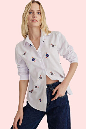 Kadın Nakışlı Uzun Kollu Gömlek Rahat Kalıp Günlük Kombinler Hafta Sonu Yaz Aylarının Vazgeçilmezi