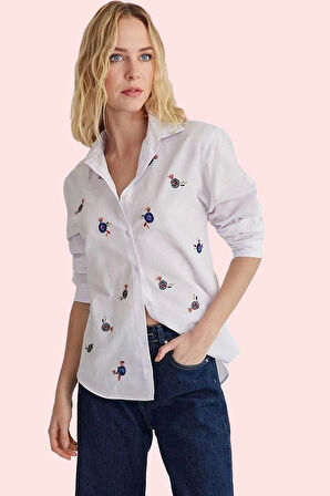 Kadın Nakışlı Uzun Kollu Gömlek Rahat Kalıp Günlük Kombinler Hafta Sonu Yaz Aylarının Vazgeçilmezi