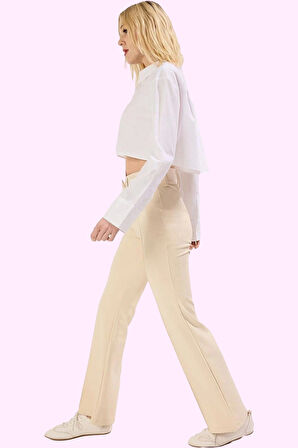 Kadın Düz Desen Geniş Paça Pantolon Yüksek Bel Beli Lastikli Rahat Günlük Kombin Hafta Sonu