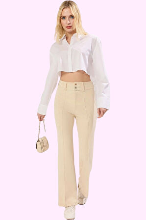 Kadın Düz Desen Geniş Paça Pantolon Yüksek Bel Beli Lastikli Rahat Günlük Kombin Hafta Sonu