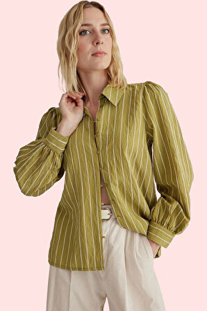 Kadın Çizgili Uzun Kollu Gömlek Regular Kalıp Viskon Karışımlı Dokuma Günlük Ve İş Hayatı Hafta Sonu