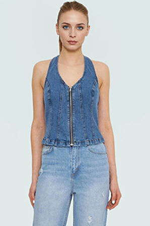 Pamuklu Stretch Denim Bluz Renk Halter Yaka Fitted Casual Yaz Özel Tasarım Şık Görünüm