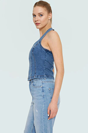 Pamuklu Stretch Denim Bluz Renk Halter Yaka Fitted Casual Yaz Özel Tasarım Şık Görünüm