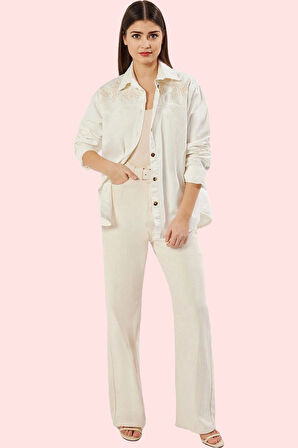 Kadın Pamuk Denim Gömlek Uzun Kollu Nakışlı Oversize Günlük Hafta Sonu Yaz Aylarının Vazgeçilmezi