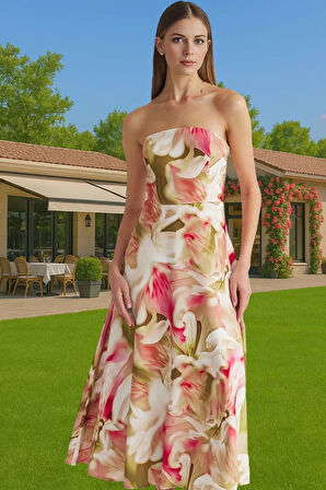 Şık A Kesim Straplez Midi Elbise Finike Dokuma Polyester Elastan Konforlu Kesim Rahat Ve Şık