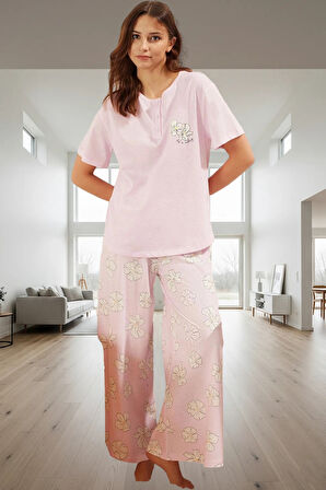 Pamuklu Örme Pijama Takımı Çiçek Desenli Rahat Kalıp Günlük Kullanım İçin Özenle Seçilmiş