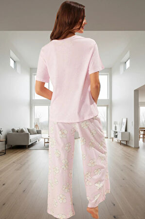Pamuklu Örme Pijama Takımı Çiçek Desenli Rahat Kalıp Günlük Kullanım İçin Özenle Seçilmiş