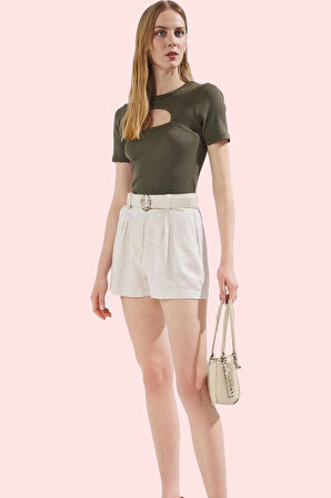 Kadın Straight Siluet Dokuma Şort Yüksek Bel Keten Görünümlü Yaz Günlük Kullanım Hafta Sonu