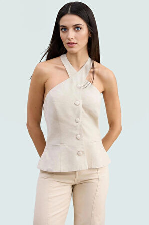 Dokuma Keten Karışımlı Halter Yaka Yelek Yazlık Rahat İş ve Günlük Profesyonel Görünüm