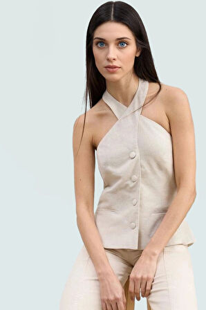 Dokuma Keten Karışımlı Halter Yaka Yelek Yazlık Rahat İş ve Günlük Profesyonel Görünüm