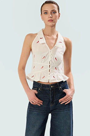Pamuklu Terrycotton Crop Bluz Fitted Kalıp Biber Nakış Detaylı Kaliteli İşçilik