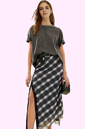 Kadın Ekose Tül Etek Yüksek Bel Asimetrik Kesim Yazlık Günlük Kullanım Yaz Aylarının Vazgeçilmezi