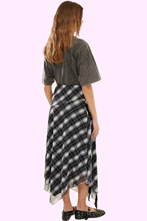 Kadın Ekose Tül Etek Yüksek Bel Asimetrik Kesim Yazlık Günlük Kullanım Yaz Aylarının Vazgeçilmezi