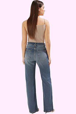 Kadın Denim Pantolon Yüksek Bel Geniş Paça Pamuk Günlük ve Şık Hafta Sonu Kaliteli Malzeme
