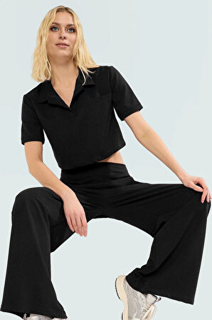 Rahat Kalıp Geniş Paça Örme Takım Kısa Kollu Polo Yaka Trend Tasarım Uzun Ömürlü