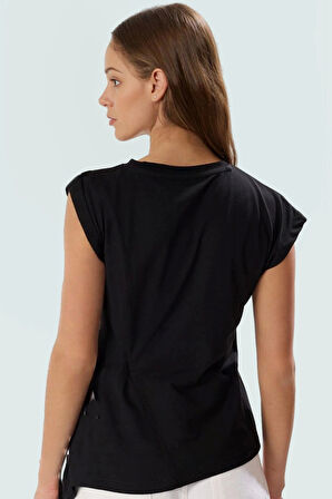 Asimetrik Bluz Kısa Kol Bisiklet Yaka Pamuklu Örme Kumaş Rahat Kalıp Ve Şık