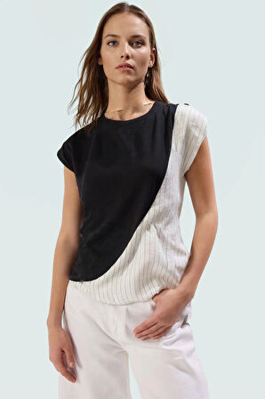 Asimetrik Bluz Kısa Kol Bisiklet Yaka Pamuklu Örme Kumaş Rahat Kalıp Ve Şık