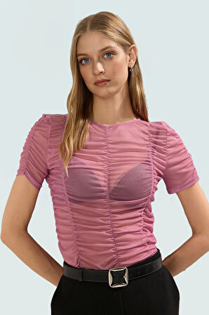 Kısa Kollu Büzgü Detaylı Örme Bluz Fitted Kalıp Kaliteli İşçilik Modern Stil Rahat Ve Şık