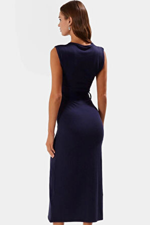 Yazlık Triko Midi Elbise Bodycon Kesim Bisiklet Yaka Kemer Detayı Uzun Ömürlü
