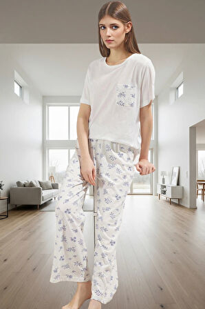 Pamuklu Hamile Pijama Takımı Çiçekli Desen Bisiklet Yaka Regular Kalıp Uzun Ömürlü Yüksek Kalite