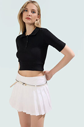 Rejenere Kaşkorse Crop Bluz Çizgili Polo Yaka Fitted Yazlık Konforlu Kesim Özenle Seçilmiş