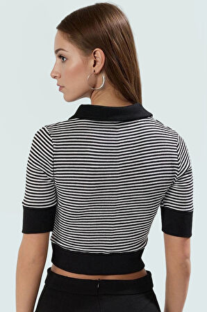 Rejenere Kaşkorse Crop Bluz Çizgili Polo Yaka Fitted Yazlık Konforlu Kesim Özenle Seçilmiş