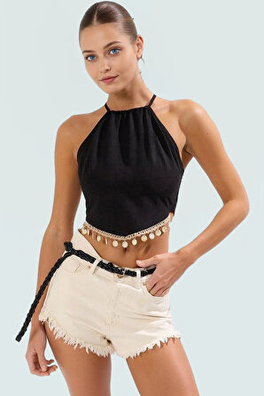 Aksesuarlı Plaj Bluz Nefes Alan Keten Karışımlı Dokuma Kolsuz Hakim Yaka Rahat Ve Şık