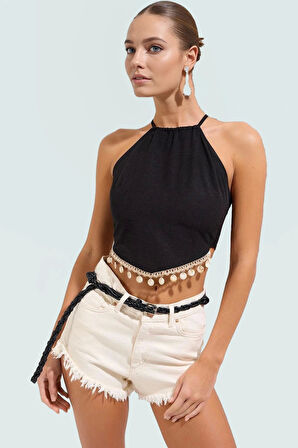 Aksesuarlı Plaj Bluz Nefes Alan Keten Karışımlı Dokuma Kolsuz Hakim Yaka Rahat Ve Şık